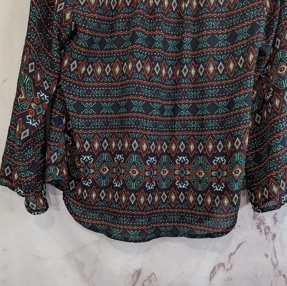 Mod Cloth Fun2Fun Blouse Women Medium Boho Tribal Navy Green Peasant Aztec Sheer - Picture 7 of 12